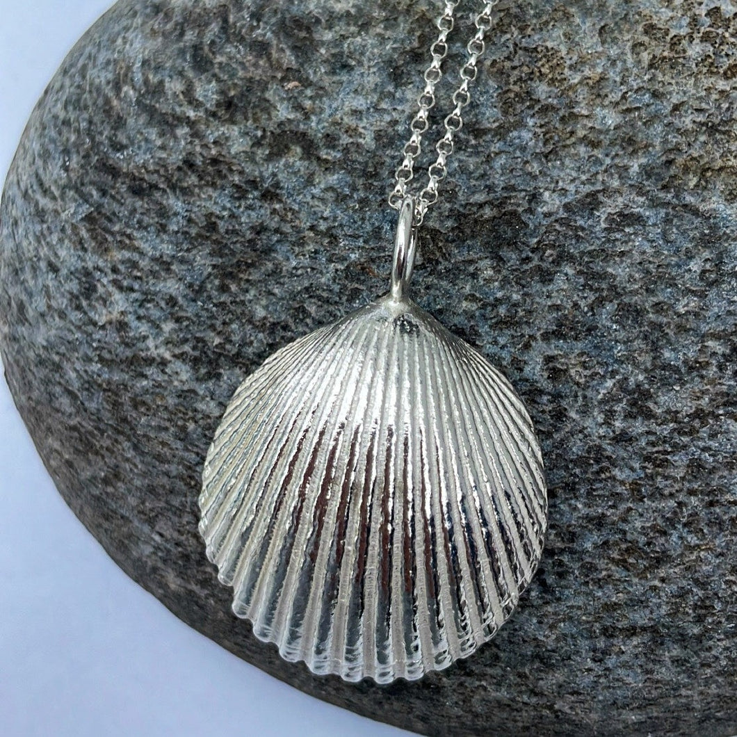 Large Silver Clam Shell Necklace